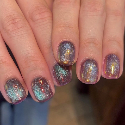 Press On Nails Starry Sky Purple Grey Gradient Cat Eye Effect European Square Style Fake Nails For Women