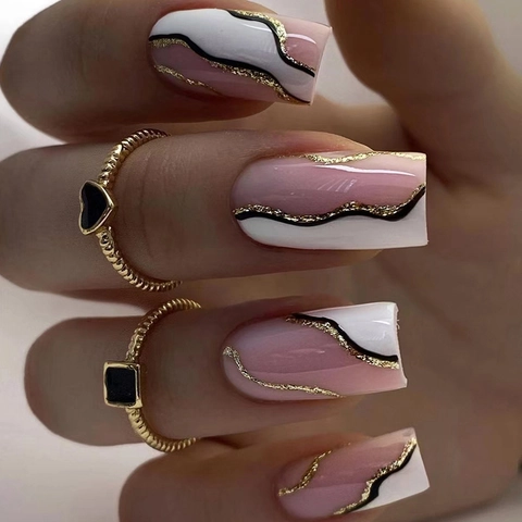 Press On Nails White Marble Wave Pattern Black Lines Gold Glitter Elegant European Square Shape Detachable Fake Nails