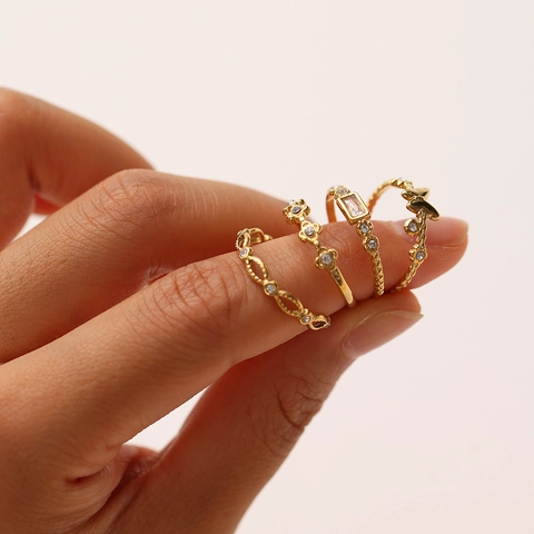 Edelstahl Schmetterling Klee Quadrat Strass Offene Ringe Für Damen Vergoldet Geometrisch Mode Schmuck Verstellbarer Ring Geschenk