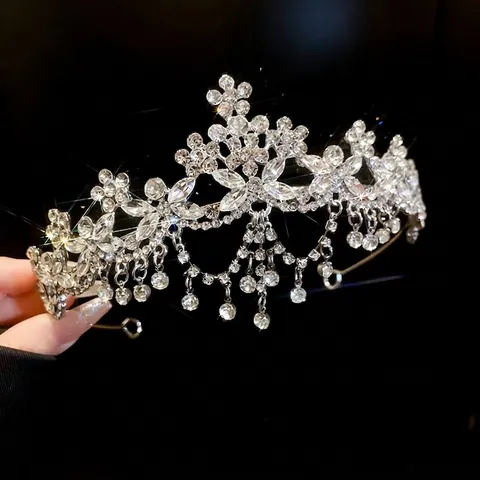 Vintage Elegant Rhinestone Flower Crown Tiara With Tassel Silver Color Alloy Hair Accessory For Wedding Bridal Party