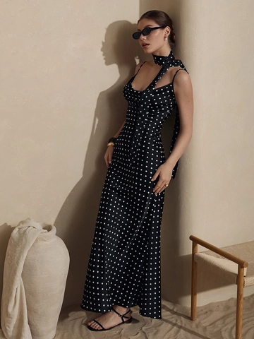 Abito Maxi A Pois Con Spalline Sottili E Sciarpa Orlo A Sirena Poliestere Scollo A V Retrò Francese Donne