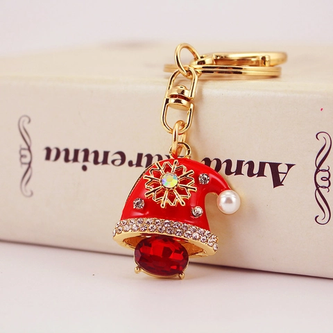 Portachiavi con Cappello di Babbo Natale in Smalto Rosso Con Strass Perla Artificiale Fiocco di Neve Ciondolo in Lega di Zinco