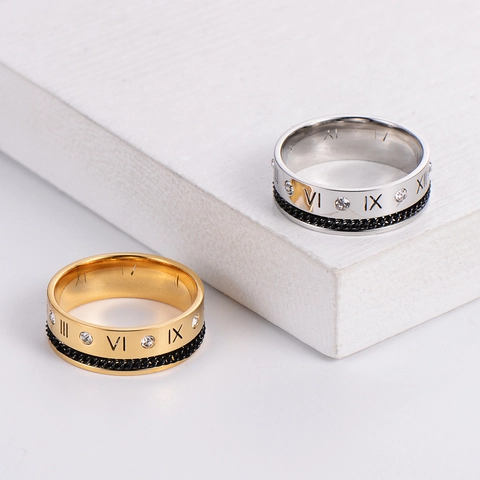 Anello Vintage In Acciaio Inossidabile Con Numeri Romani Strass Intarsiati Design A Catena Nera Cava