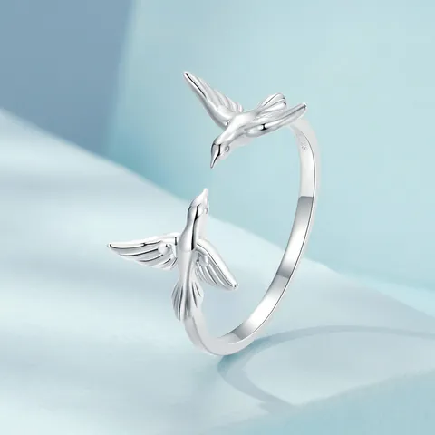 S925 Sterling Silber Fliegender Vogel Offener Ring Für Frauen Verstellbarer Zwillingsschwalbe Tierfingerring Weißgold Plattiert Minimalistischer Schmuck Geschenk