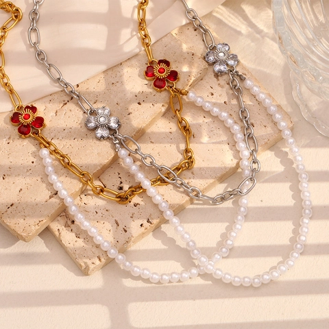 Double Layer Necklace Stainless Steel 18K Gold Plated Imitation Artificial Pearl Flower Pendant Irregular Chain Fashion Jewelry For Women