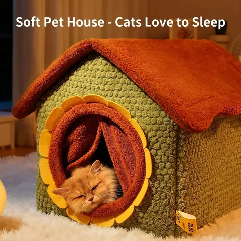 Letto Casa Per Animali Domestici Nido Gatto Peluche Caldo Design Girasole Grotta Sonno Cane Interno Lavabile Fondo Antiscivolo