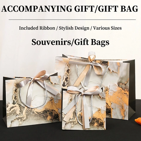 Elegant Marble Pattern Gift Paper Bag With Gold Foil Accents Satin Ribbon Bow Handle For Wedding Party Souvenirs Business