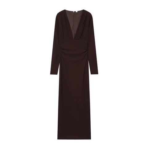 Ruched Deep V-Neck Midi Dress Twisted Satin Crepe Long Sleeve Bodycon Slim Fit Solid Color Elegant For Women