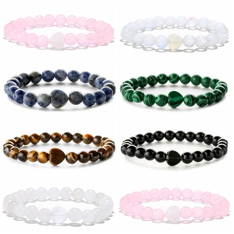 Natural Stone Beaded Bracelet With Heart Shaped Tiger Eye Agate Malachite Beaded Bracelet For Men Women Unisex Jewelry Gift