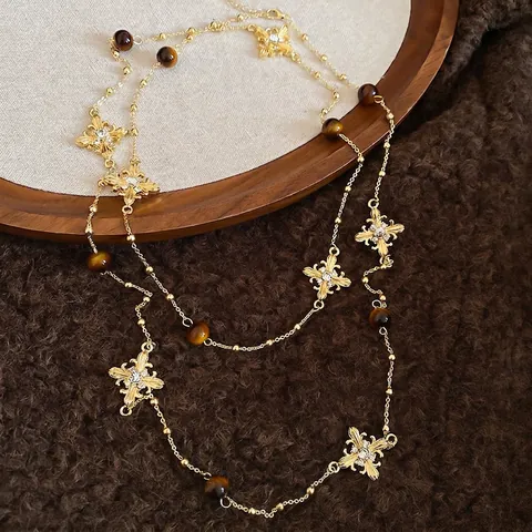 Collana Lunga Per Maglione Vintage Con Ciondoli A Croce Di Rame Perle Occhio Di Tigre E Strass Da Donna