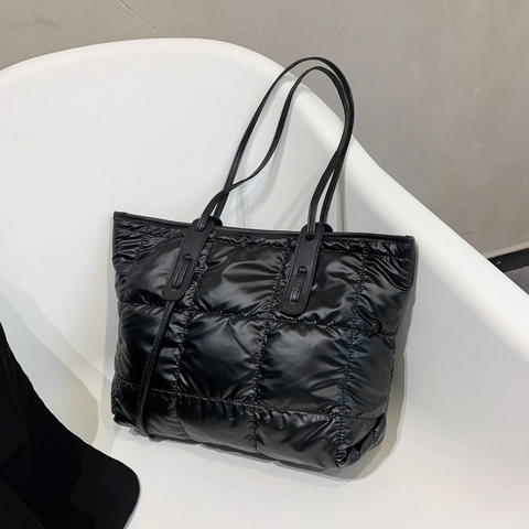 Gesteppte Puffer Tote Bag Damen PU Leder Wattierte Schultertasche Mit Großer Kapazität Lässig Schwarz