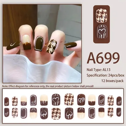 Unghie Finte Marrone Caffè Cuore Quadri Corte Quadrate Artificiali Per Donne Decorazione Quotidiana Stile Chic