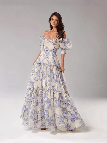 Off Shoulder Floral Maxi Kleid Organza Puffärmel Gestuftes Langes Kleid Vintage Korsett Rücken Party Bankett Für Frauen