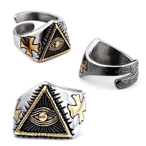 Providence Eye Cross Ring Stainless Steel Two Tone Retro Gothic Punk Religious Jewelry For Men