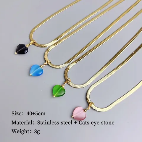 Hart Hanger Ketting 18K Verguld Roestvrij Staal Slangenketting Kattenoogsteen Elegante Sieraden Voor Dames