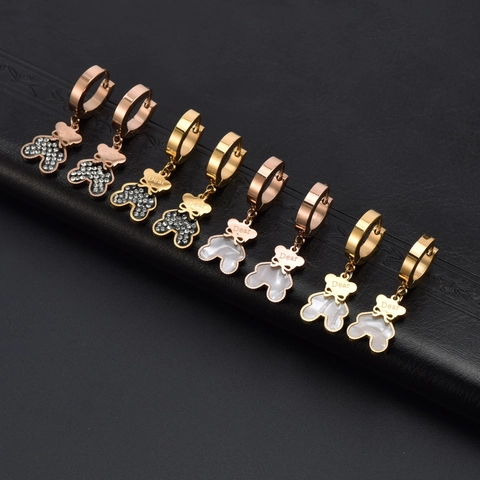 Pendientes De Aro Con Colgante De Oso Acero Inoxidable Nácar Diamantes De Imitación Dear Grabado Lindo Joyas Mujeres