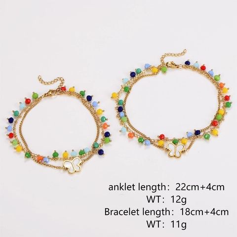 Butterfly Pendant Bracelet Anklet Boho Colorful Seed Beads Double Layer Stainless Steel Jewelry For Women