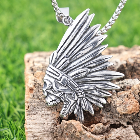 Collana Con Ciondolo Teschio Capo Indiano In Acciaio Inossidabile Retrò Per Uomini Gioielli Punk Gotici Hip Hop Lucidato Piuma