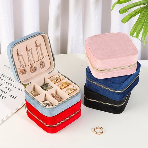 Portable Velvet Jewelry Box Travel Jewelry Organizer Case With Zipper Mini Storage For Necklaces Rings Earrings