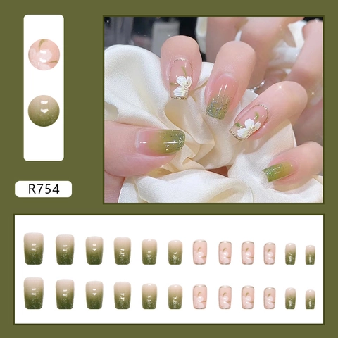 Press On Nägel Grün Gradient Weiße Kamelie Floral Design 3D Blumen Glitzer Elegant Süß Damen Künstliche Fingernägel