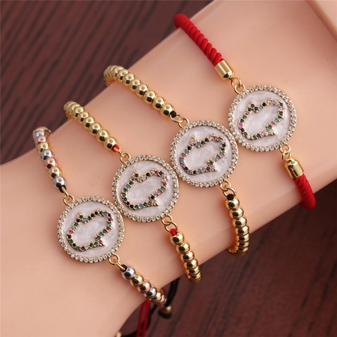 Hamsa Hand Evil Eye Bracelet Copper Cubic Zirconia Colorful Zircon Micro Inlay Adjustable Woven Rope Jewelry For Women