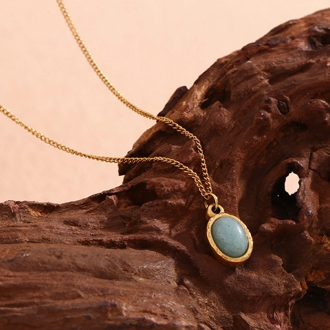 Collana Con Ciondolo In Pietra Naturale Ovale Vintage Acciaio Inossidabile Placcato Oro 18K Gioielli Da Donna