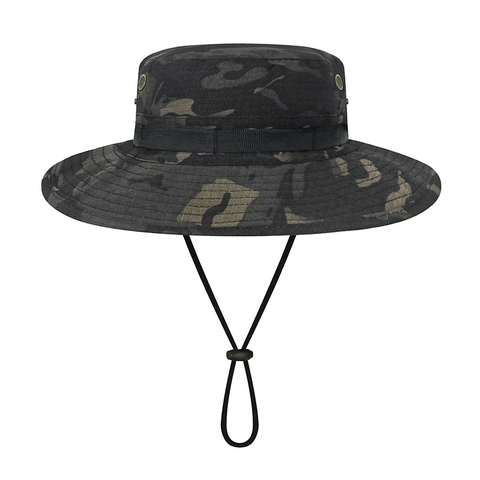 Boonie Hat Bucket Hat Camouflage Tactical Wide Brim Windproof Strap Breathable Sun Protection Outdoor Fishing Hiking Men