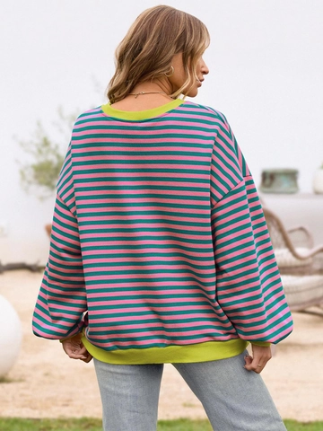 Women Striped Sweatshirt Polyester Pullover Long Sleeve Crew Neck Color Block Patchwork Pocket Casual Loose Fit Top