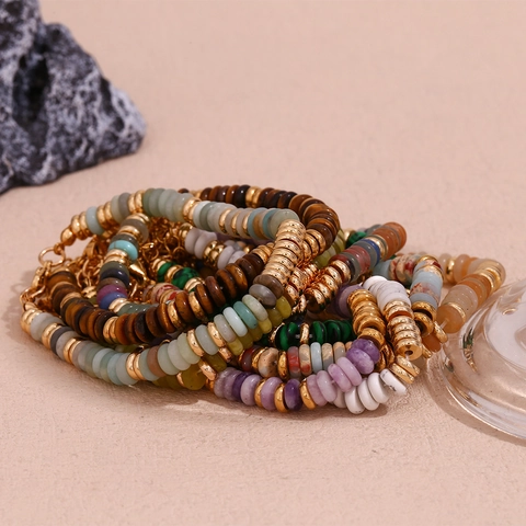 Vintage Stainless Steel Natural Stone Bracelet For Women Bohemian 18K Gold Plated Disc Beads Jewelry Adjustable Anniversary Gift