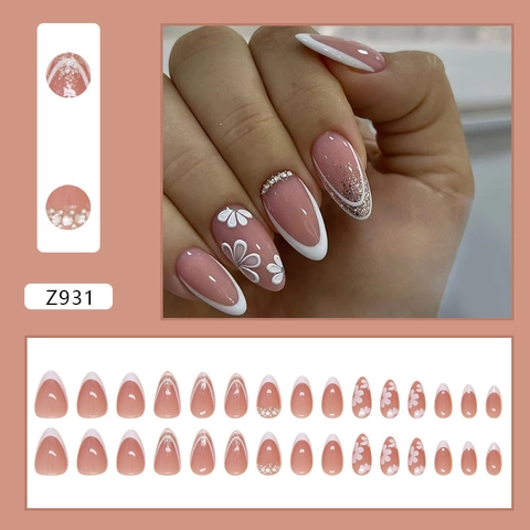 Unghie Finte Press On French Tip Mandorla Lunga Con Fiore 3D Strass Elegante Riutilizzabile Rosa Sfumato Per Donne