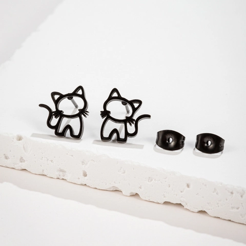 Cute Hollow Cat Stud Earrings Stainless Steel Minimalist 18K Gold Plated Animal Shape Sweet Jewelry For Women Girls
