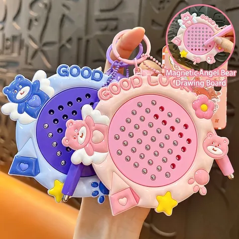 Cute Angel Bear Panda Magnetic Steel Ball Drawing Board Keychain Fun Stress Relief Toy Student Bag Pendant Decoration