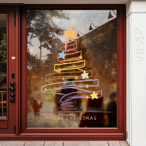 Christmas Tree Window Sticker Static Cling PVC Colorful Festive Glass Decal Double Sided Holiday Decor