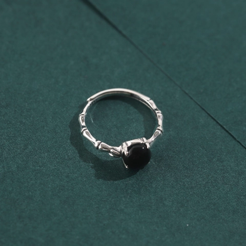 Vintage 925 Sterlingsilber Bambus Offener Ring Damen Schwarzer Achat Retro Distressed Verstellbarer Fingerring Schmuck