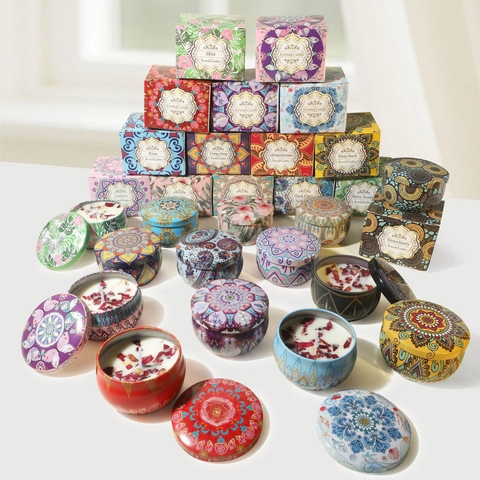 Scented Candle Soy Wax With Dried Flowers Mandala Bohemian Pattern Tinplate Portable Fragrance Wedding Birthday Gift Favor
