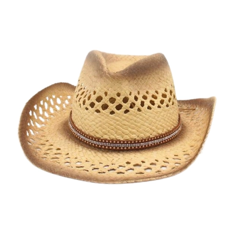 Western Cowboy Straw Hat Hollow Out Breathable Wide Brim Sunscreen Beach Travel Hat With Rhinestone Band