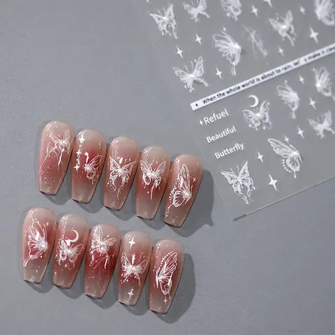 Butterfly Nail Art Stickers 5D Relief Embossed White Star Moon Faux Artificial Pearl Self Adhesive Decals DIY Manicure Decorations