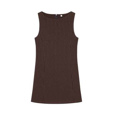 Women Pinstripe Mini Dress Sleeveless Polyester Crew Neck Slim Fit Vertical Striped Bodycon Office Casual Clothing