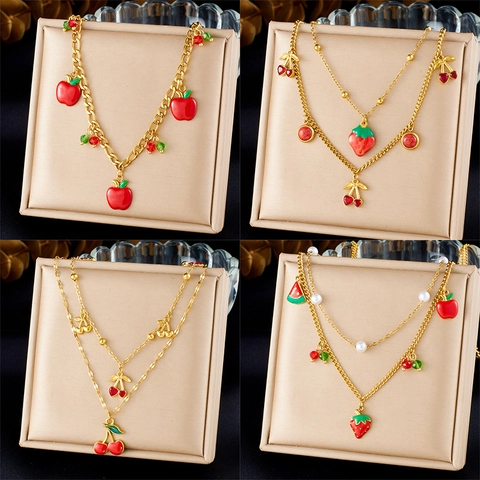 Collana Con Pendente Frutta Rossa In Acciaio Inossidabile Doppio Strato Fragola Ciliegia Mela Anguria Gioielli Estivi Per Donna