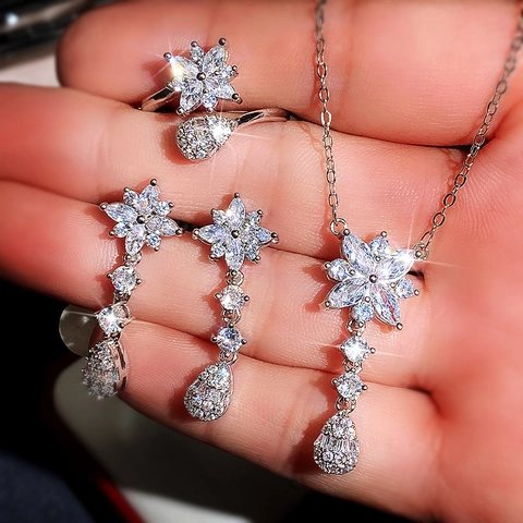 Blumen Wassertropfen Funkelnde Zirkon Halskette Ohrringe Und Offener Ring Kupfer Silberton Brautschmuck Für Damen