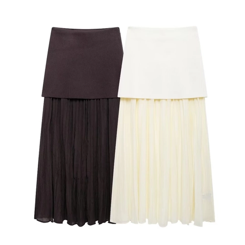 Falda Midi Plisada Elegante Para Mujer Punto Malla Empalme Cintura Alta Color Sólido Falda Larga