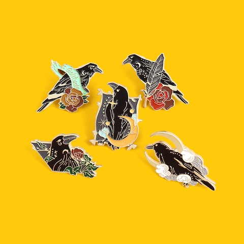 Gotisch Rabe Emaille Pin Set Krähe Rose Mond Stern Brosche Schwarz Gold Legierung Metall Abzeichen Für Kleidung Rucksack Schmuck Geschenk