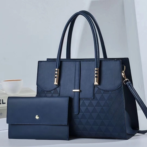 Women Handbag And Wallet Set PU Leather Geometric Triangle Texture Large Capacity Tote Shoulder Bag Vintage Style