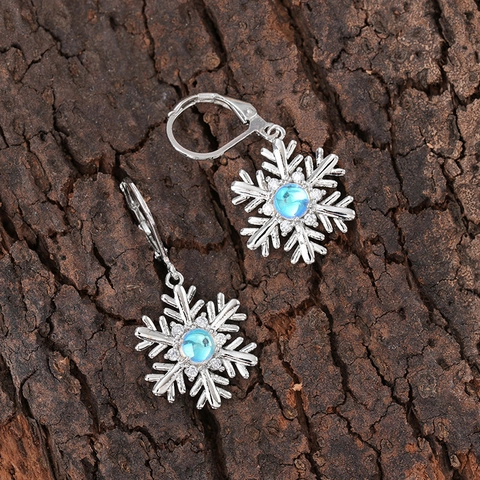 Snowflake Dangle Earrings Copper With Faux Moonstone And Cubic Zirconia Leverback Christmas Winter Jewelry For Women