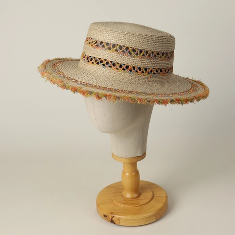 Bohemian Boater Hat Raffia Straw Wide Brim Colorful Frayed Edge Hollow Out Sun Hat For Women Summer Beach