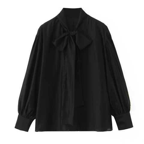 Women Blouse Shirt Polyester Satin Large Bow Tie Neck Long Lantern Sleeves Solid Black Casual Elegant Sweet Top