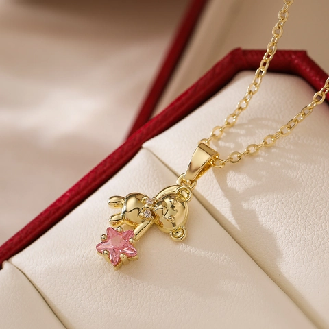 Collier Pendentif Ours En Peluche Étoile Cuivre Zircon Bijoux Style Ins Mignon Pour Femme Plaqué