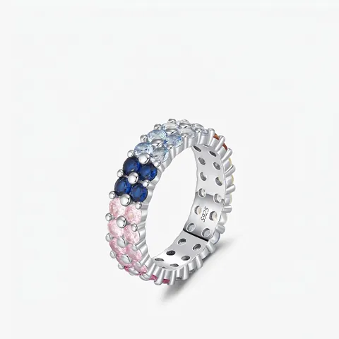 Anillo De Plata De Ley 925 Para Mujer Con Circonita Cúbica De Colores Doble Fila Diseño De Engranaje Moda