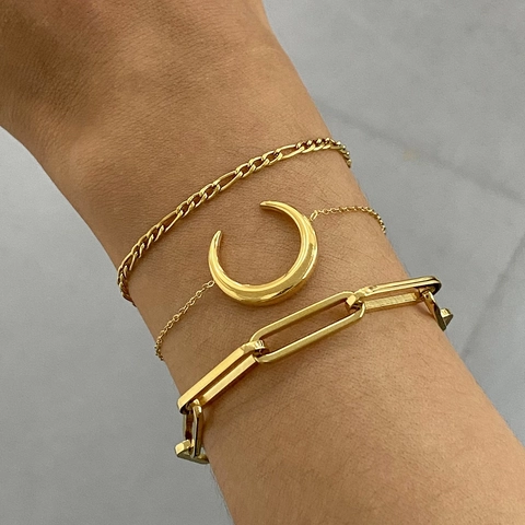 Ensemble De Bracelets En Acier Inoxydable Or 18K Plaqué Chaîne Trombone Gourmette Pendentif Croissant De Lune Femmes