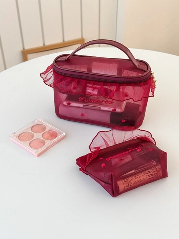 Bolsa De Cosméticos De Malla Volantes Neceser De Maquillaje Bordado Corazón Estrella Transparente Organizador De Viaje Para Niñas